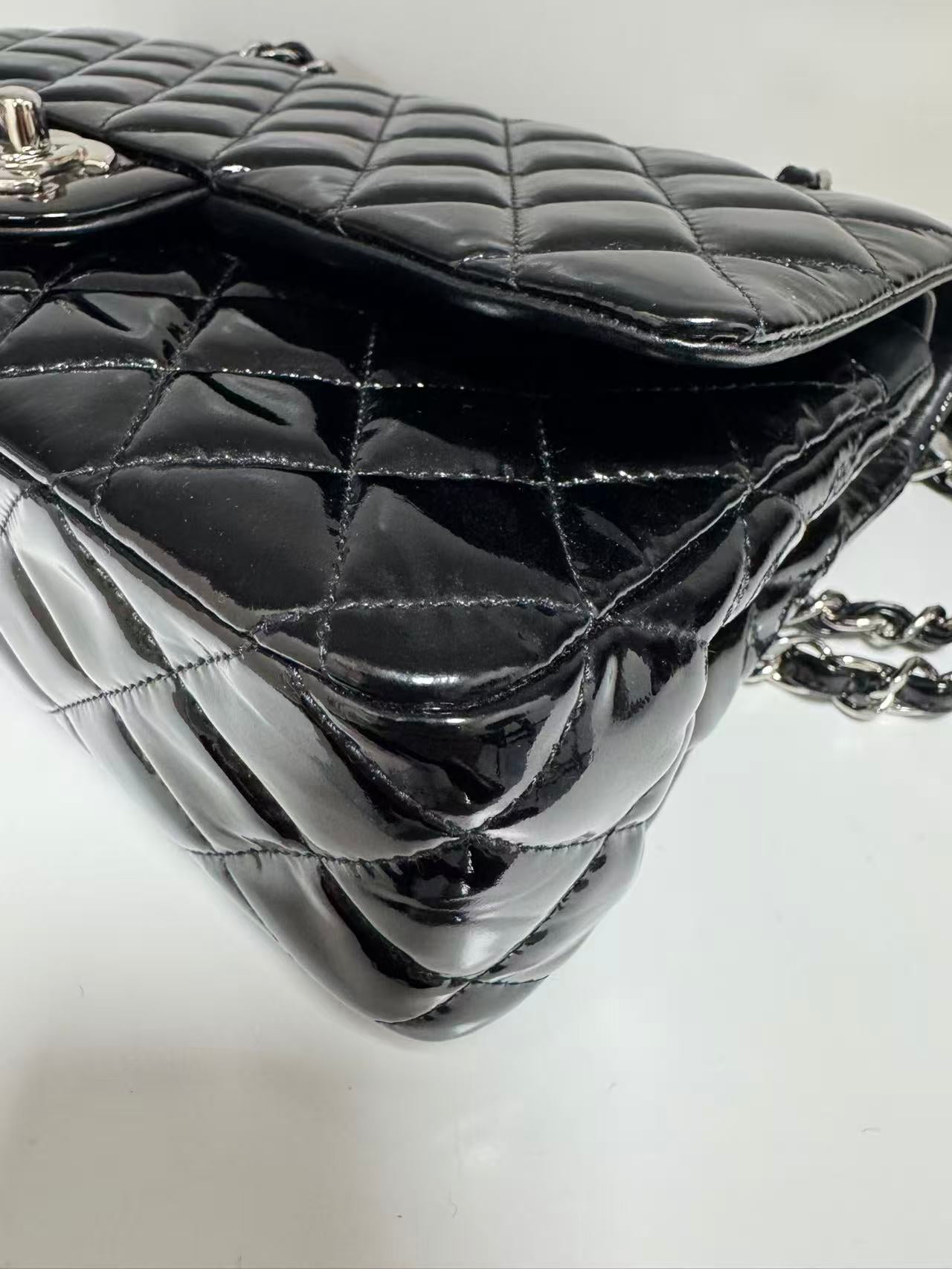 Pre-owned Certified Chanel CF Double Flap Medium Black Patent Leather with Silver Hardware, 2012, w/ dust bag