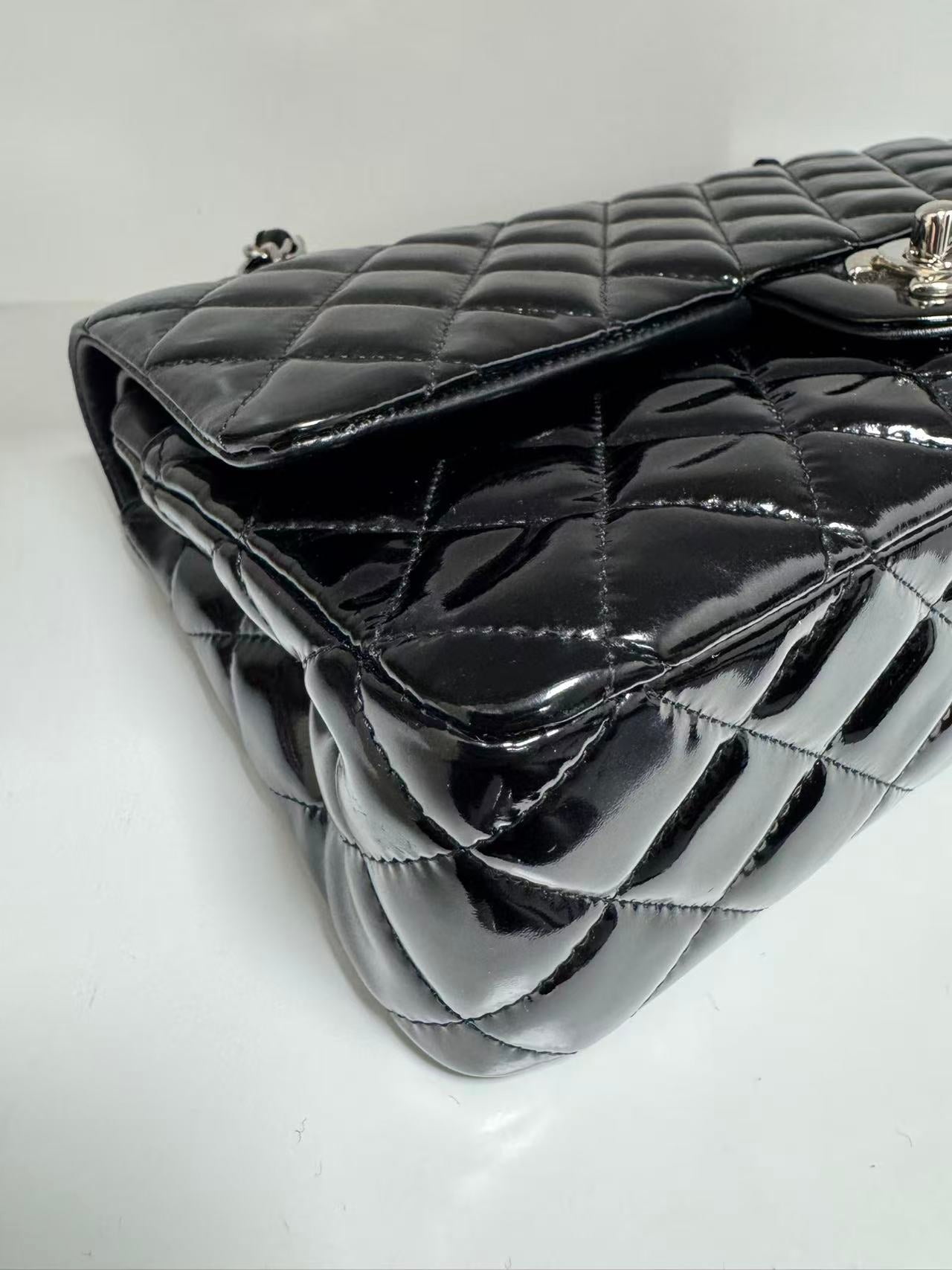 Pre-owned Certified Chanel CF Double Flap Medium Black Patent Leather with Silver Hardware, 2012, w/ dust bag