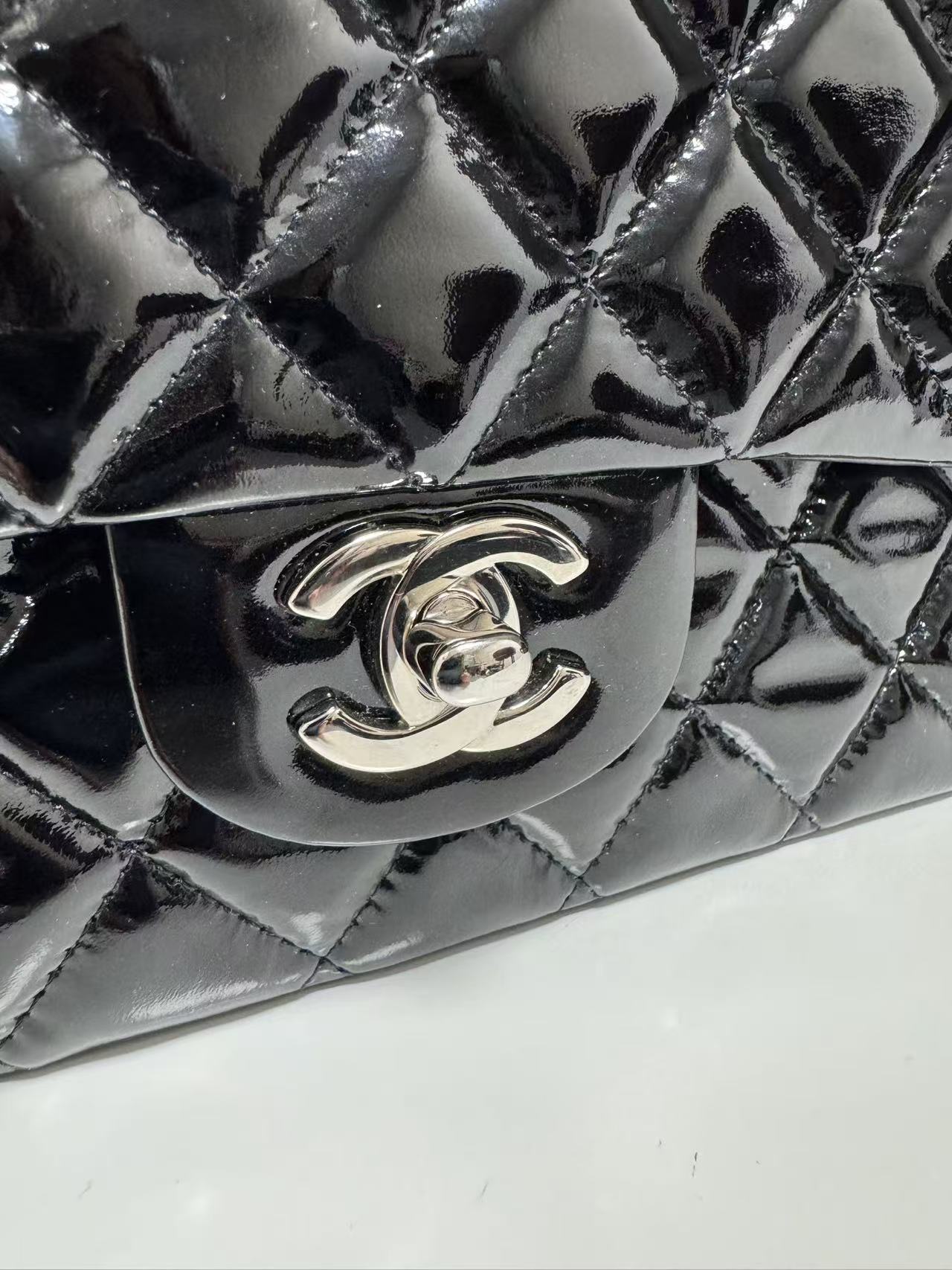 Pre-owned Certified Chanel CF Double Flap Medium Black Patent Leather with Silver Hardware, 2012, w/ dust bag