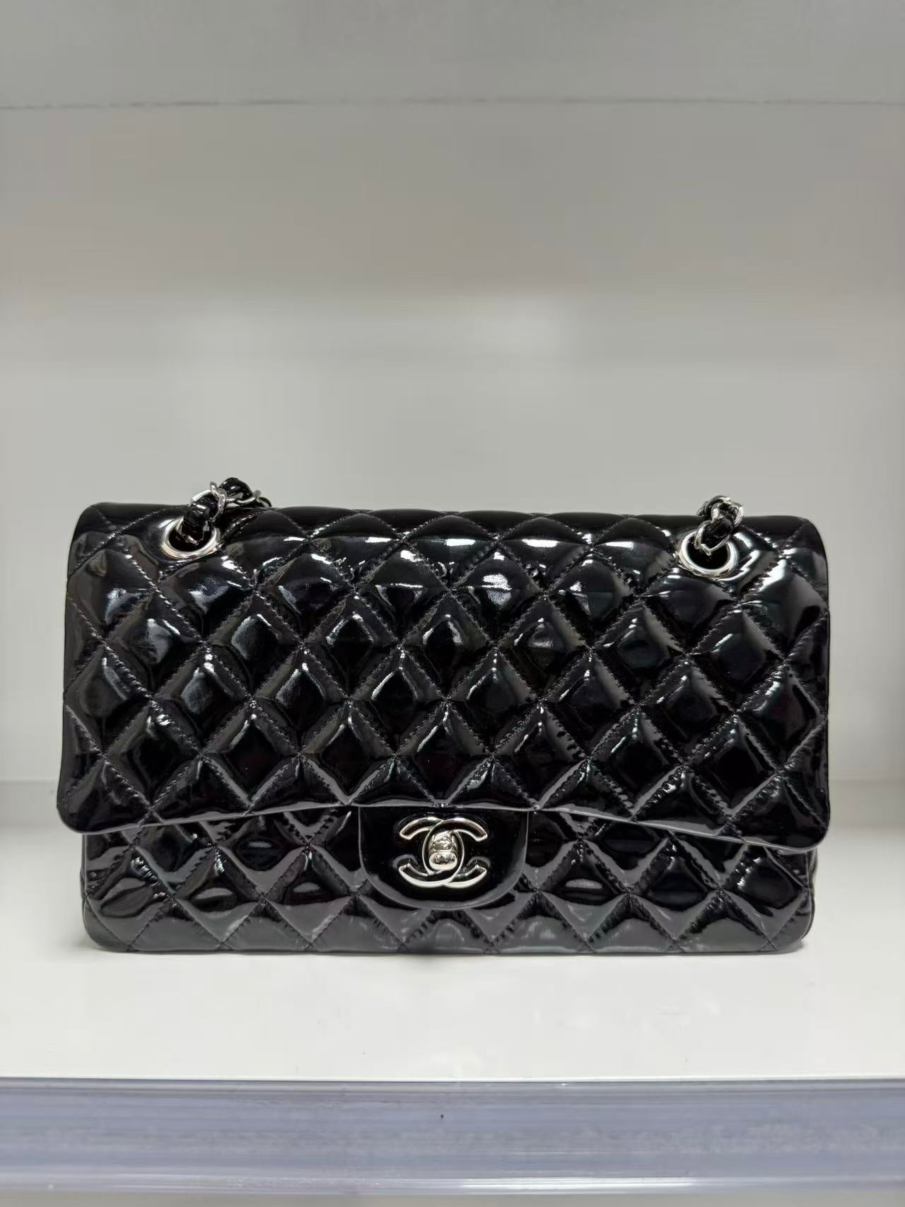 Pre-owned Certified Chanel CF Double Flap Medium Black Patent Leather with Silver Hardware, 2012, w/ dust bag