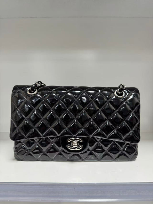 Pre-owned Certified Chanel CF Double Flap Medium Black Patent Leather with Silver Hardware, 2012, w/ dust bag