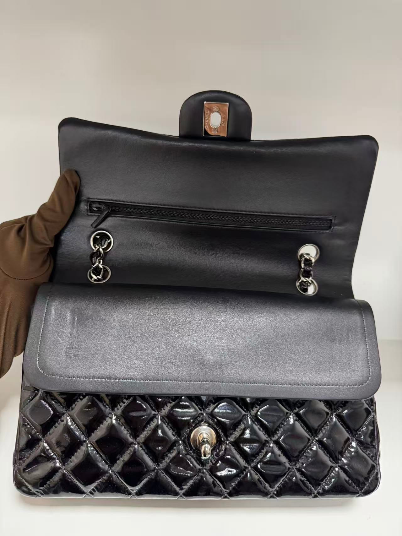 Pre-owned Certified Chanel CF Double Flap Medium Black Patent Leather with Silver Hardware, 2012, w/ dust bag
