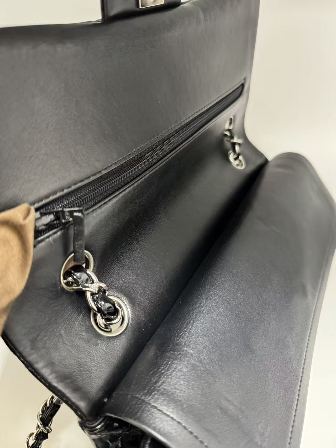 Pre-owned Certified Chanel CF Double Flap Medium Black Patent Leather with Silver Hardware, 2012, w/ dust bag