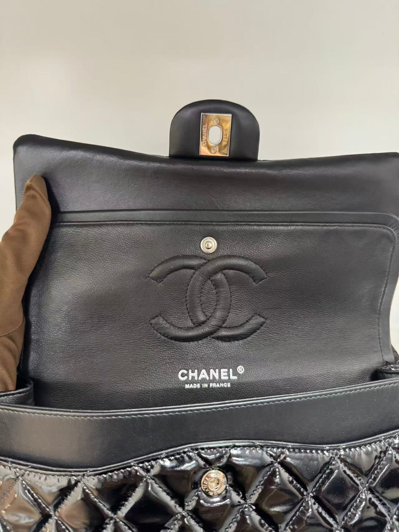 Pre-owned Certified Chanel CF Double Flap Medium Black Patent Leather with Silver Hardware, 2012, w/ dust bag