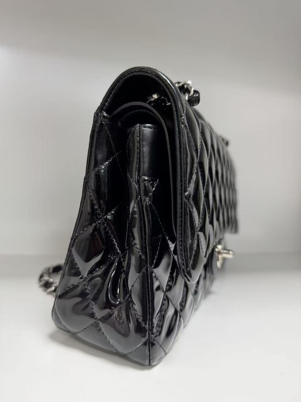 Pre-owned Certified Chanel CF Double Flap Medium Black Patent Leather with Silver Hardware, 2012, w/ dust bag