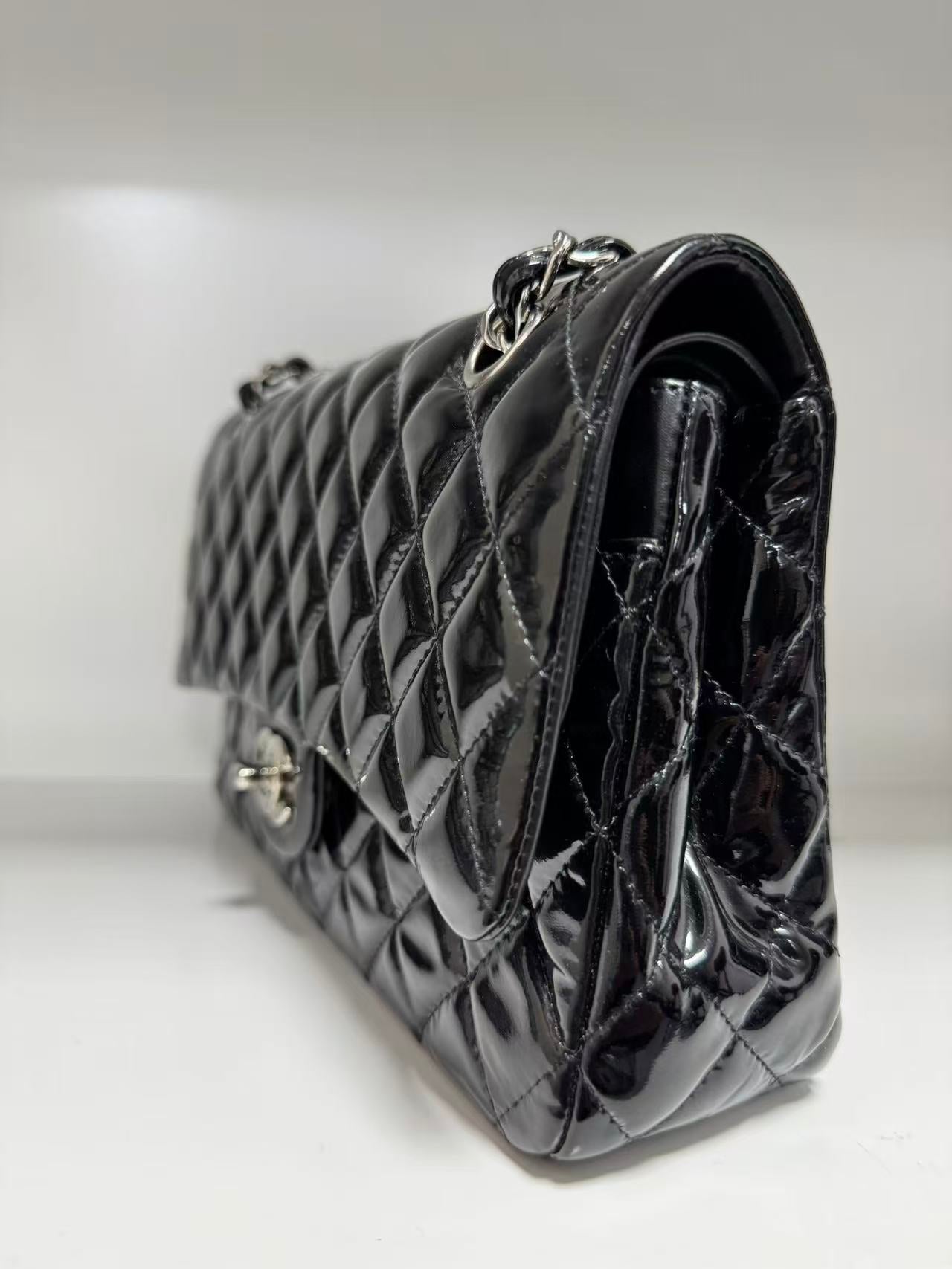 Pre-owned Certified Chanel CF Double Flap Medium Black Patent Leather with Silver Hardware, 2012, w/ dust bag