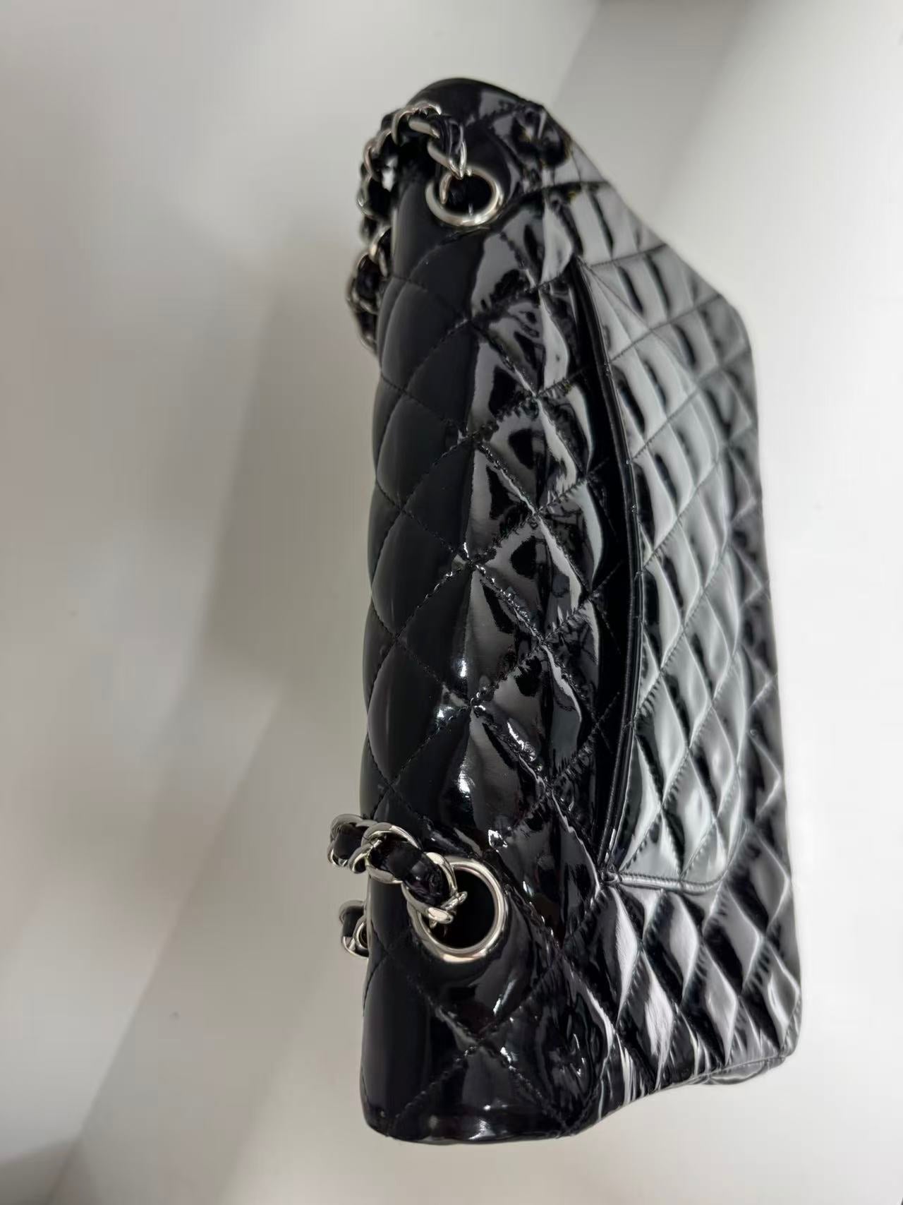 Pre-owned Certified Chanel CF Double Flap Medium Black Patent Leather with Silver Hardware, 2012, w/ dust bag
