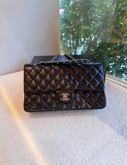 Pre-owned Certified Chanel Classic Flap CF Medium Black Lambskin Silver Hardware, 2008-2009, w/ Full Set - Chanel Card, Box, Dust Bag