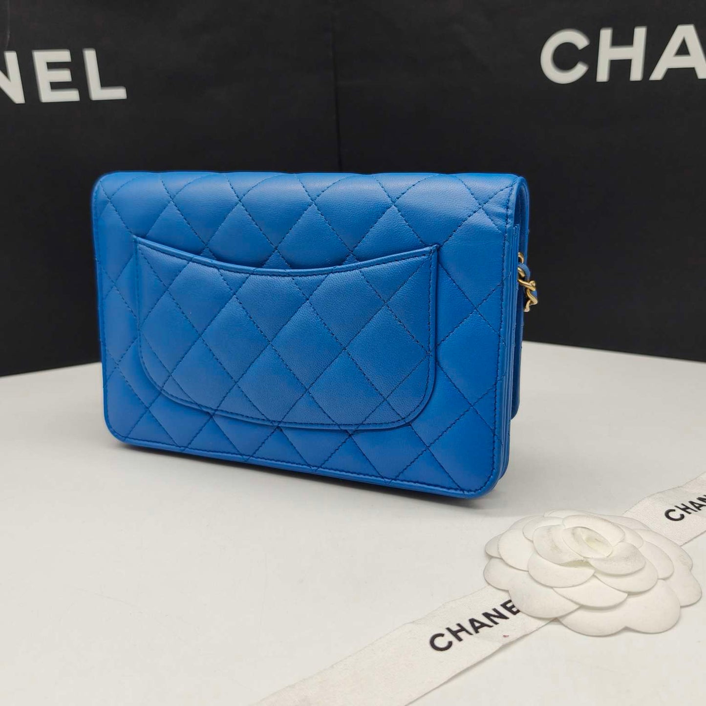 Pre-owned Certified Chanel Classic WOC in Blue Lambskin Golden Hardware, mid-2019, w/ card, dust bag
