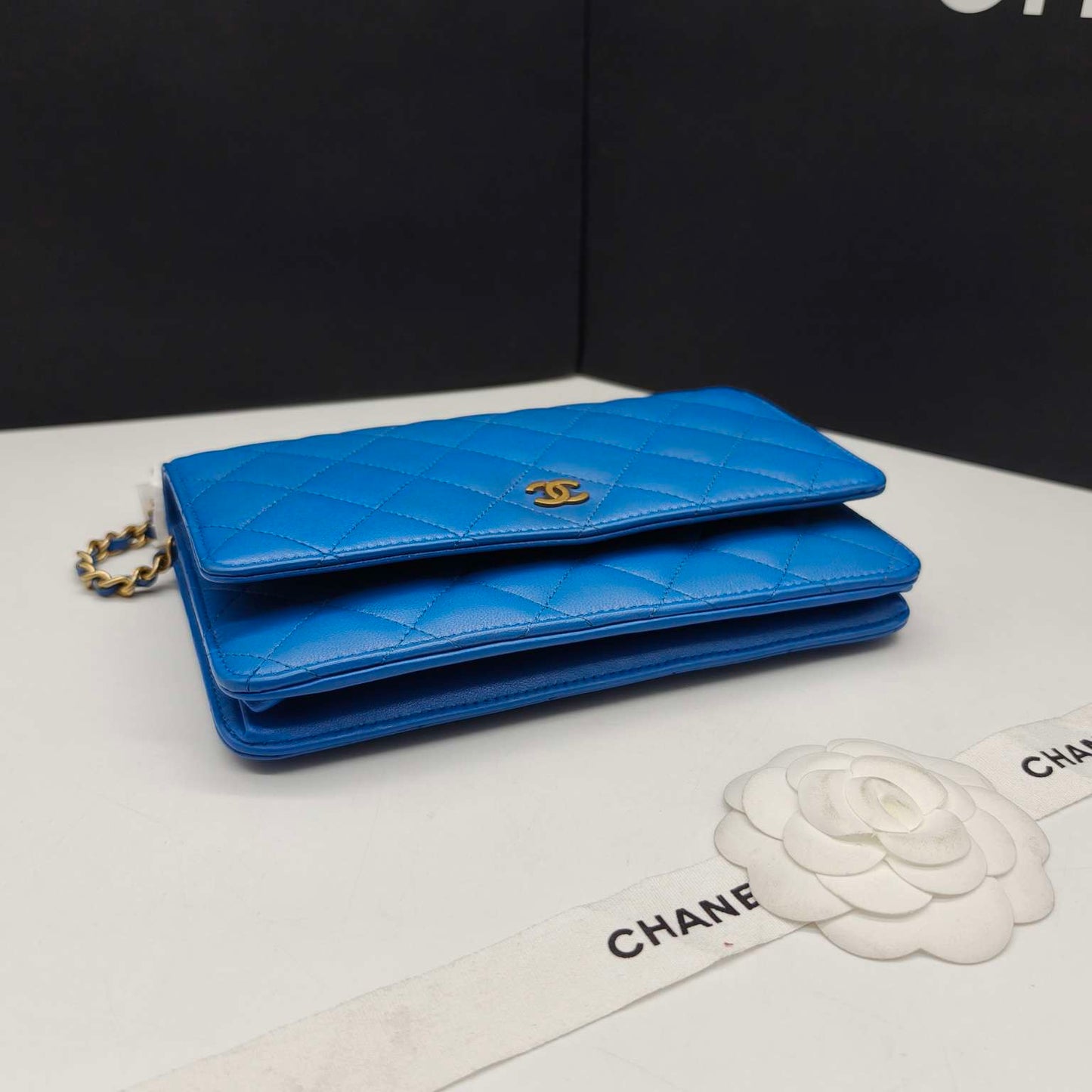 Pre-owned Certified Chanel Classic WOC in Blue Lambskin Golden Hardware, mid-2019, w/ card, dust bag