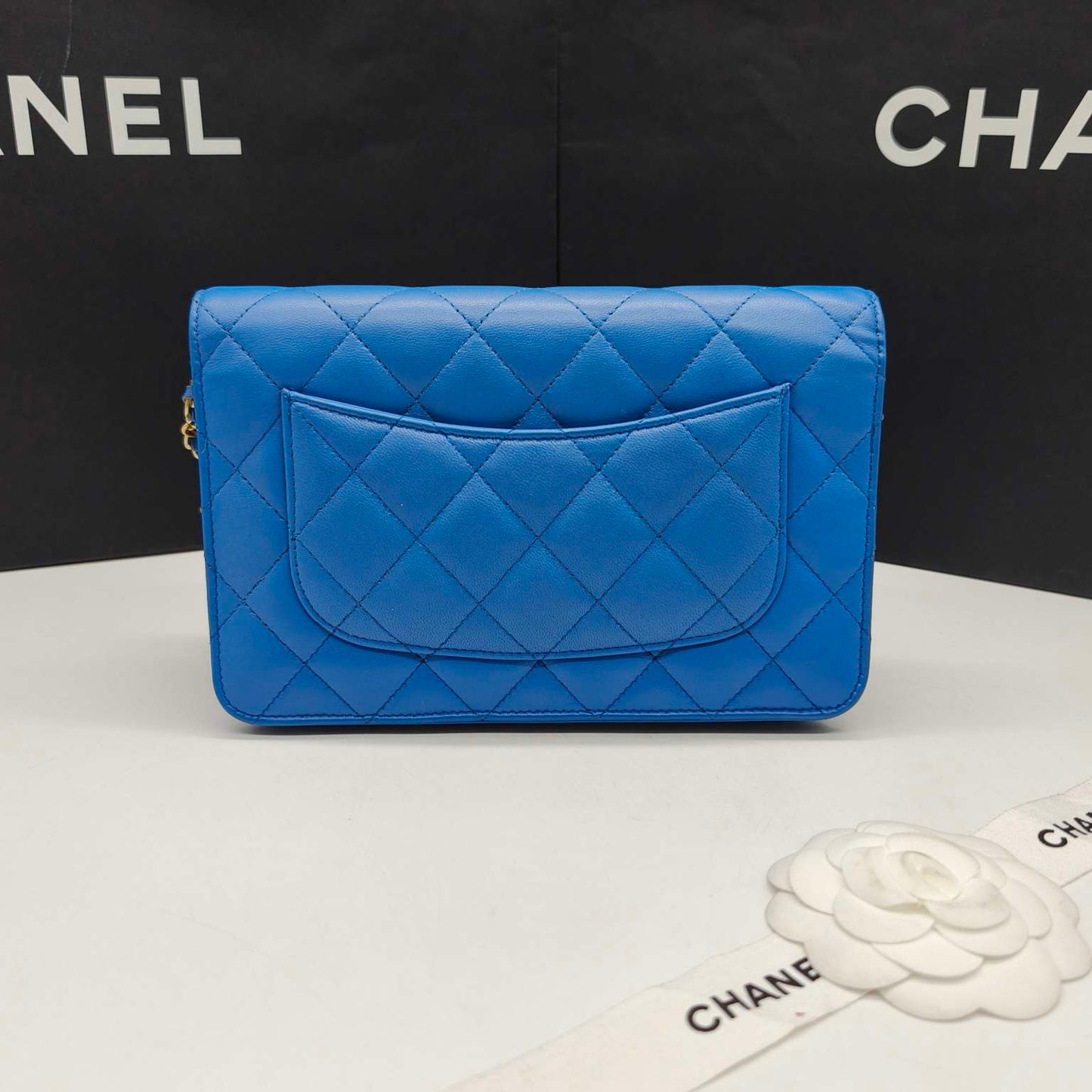 Pre-owned Certified Chanel Classic WOC in Blue Lambskin Golden Hardware, mid-2019, w/ card, dust bag