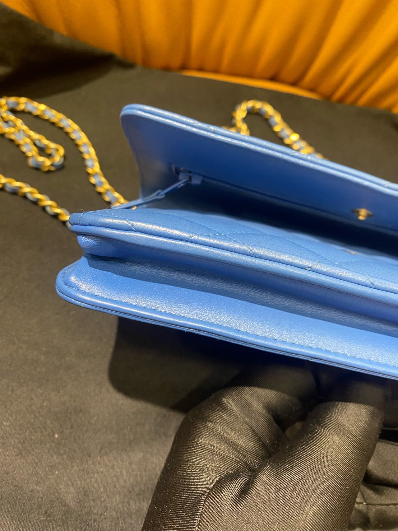 Pre-owned Certified Chanel Classic WOC in Blue Lambskin Golden Hardware, mid-2019, w/ card, dust bag