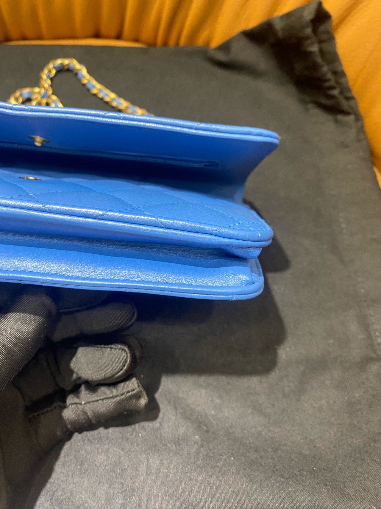 Pre-owned Certified Chanel Classic WOC in Blue Lambskin Golden Hardware, mid-2019, w/ card, dust bag