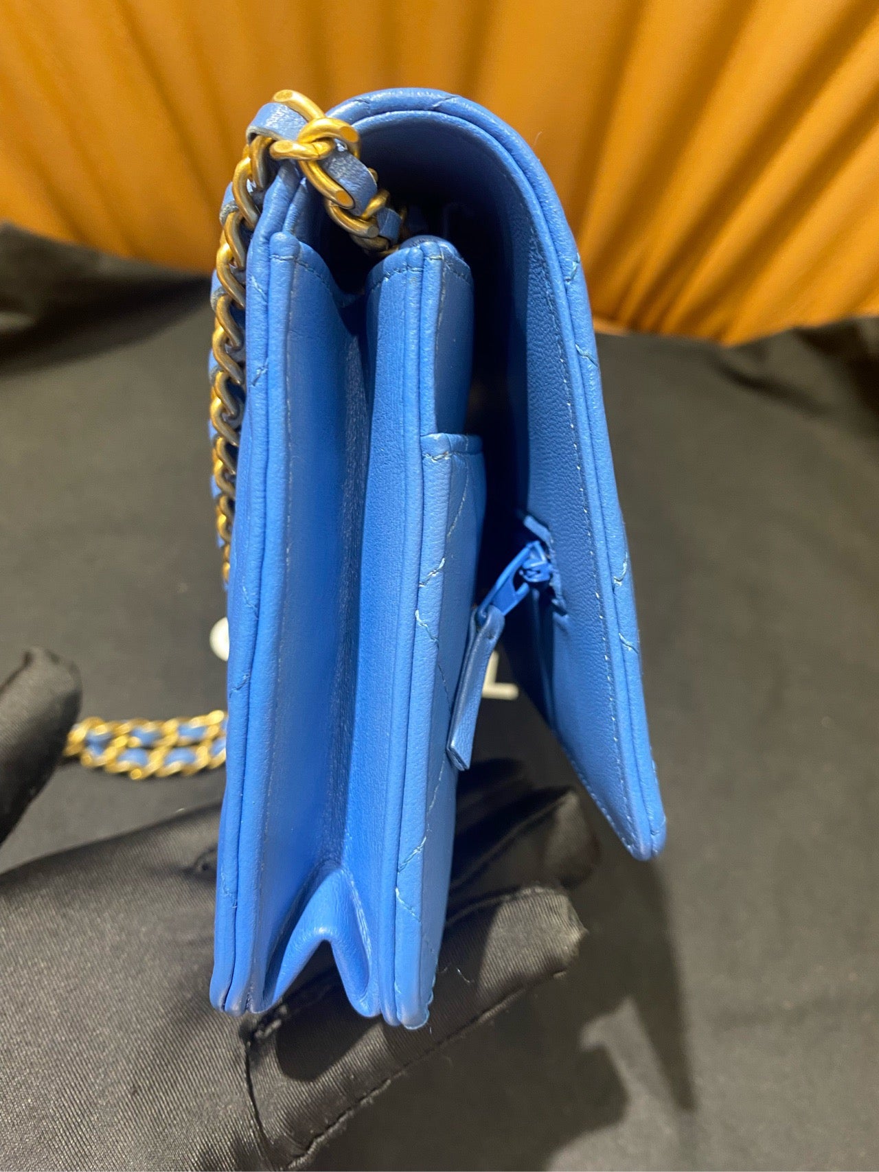 Pre-owned Certified Chanel Classic WOC in Blue Lambskin Golden Hardware, mid-2019, w/ card, dust bag