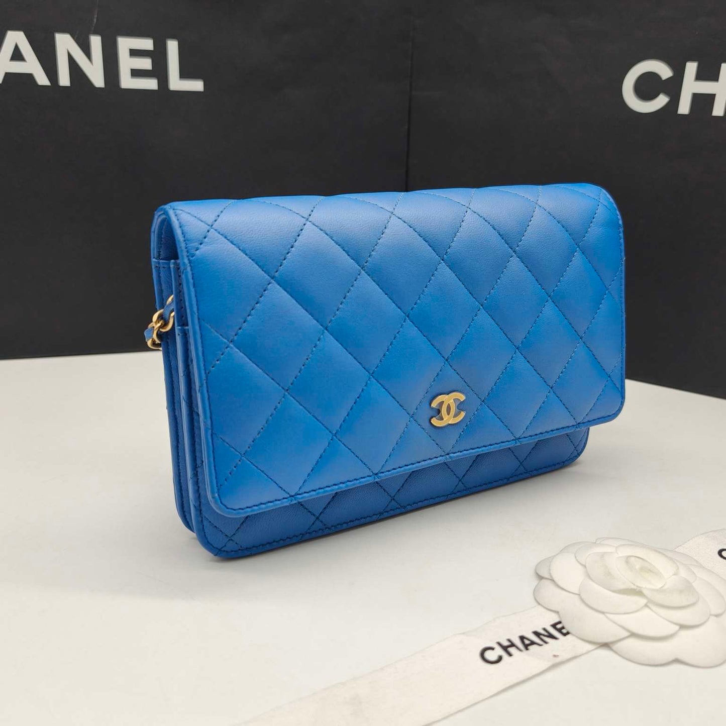Pre-owned Certified Chanel Classic WOC in Blue Lambskin Golden Hardware, mid-2019, w/ card, dust bag