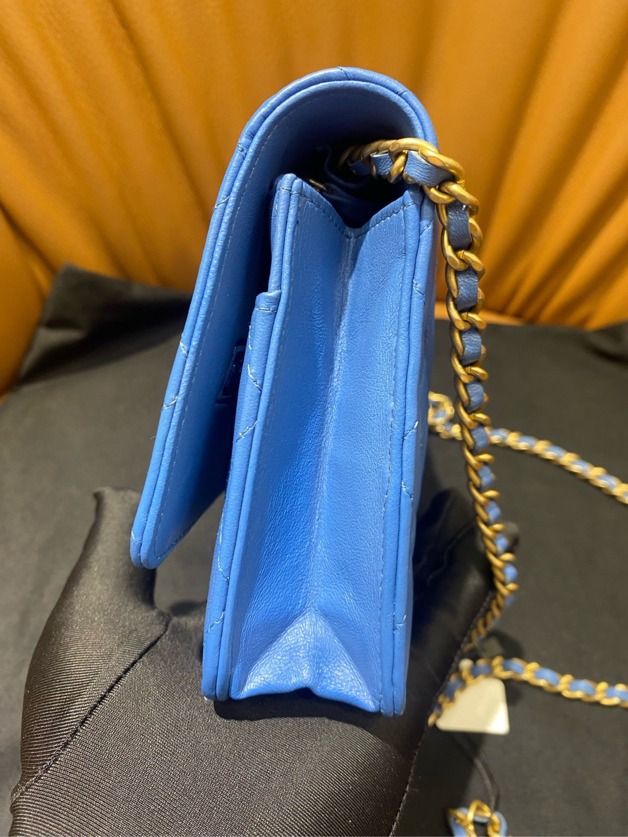 Pre-owned Certified Chanel Classic WOC in Blue Lambskin Golden Hardware, mid-2019, w/ card, dust bag