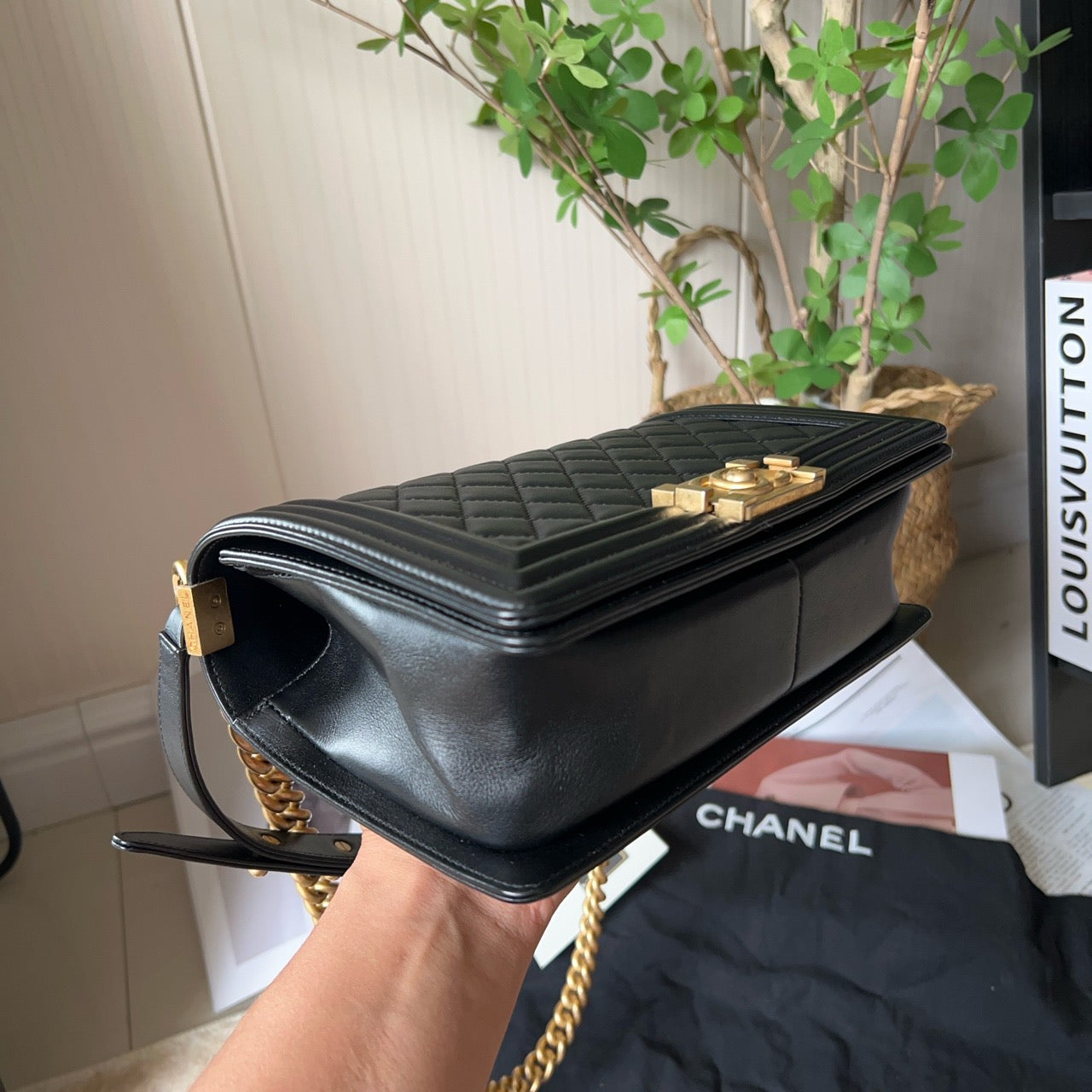 Pre-owned Certified Chanel Medium Boy Bag Black Calfskin Golden Hardware, 2020-2021, w/ Chanel card, dust bag, box