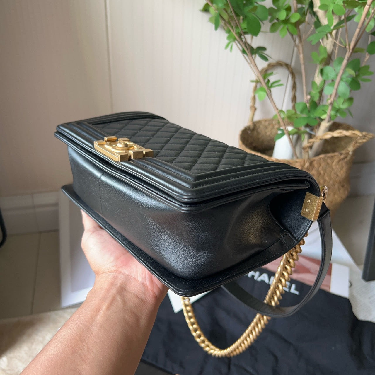 Pre-owned Certified Chanel Medium Boy Bag Black Calfskin Golden Hardware, 2020-2021, w/ Chanel card, dust bag, box
