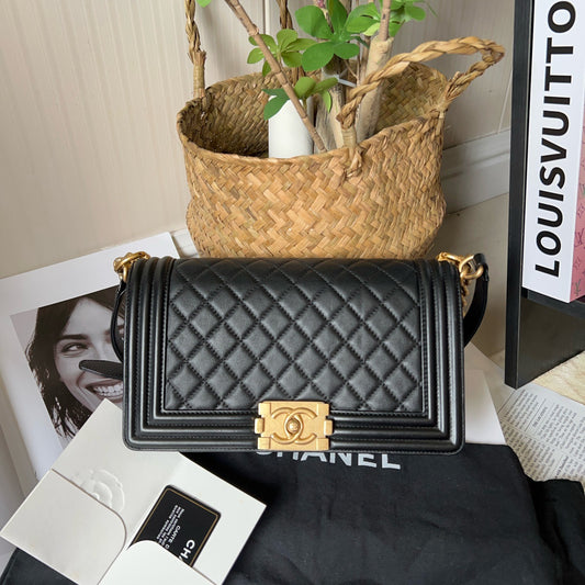 Pre-owned Certified Chanel Medium Boy Bag Black Calfskin Golden Hardware, 2020-2021, w/ Chanel card, dust bag, box