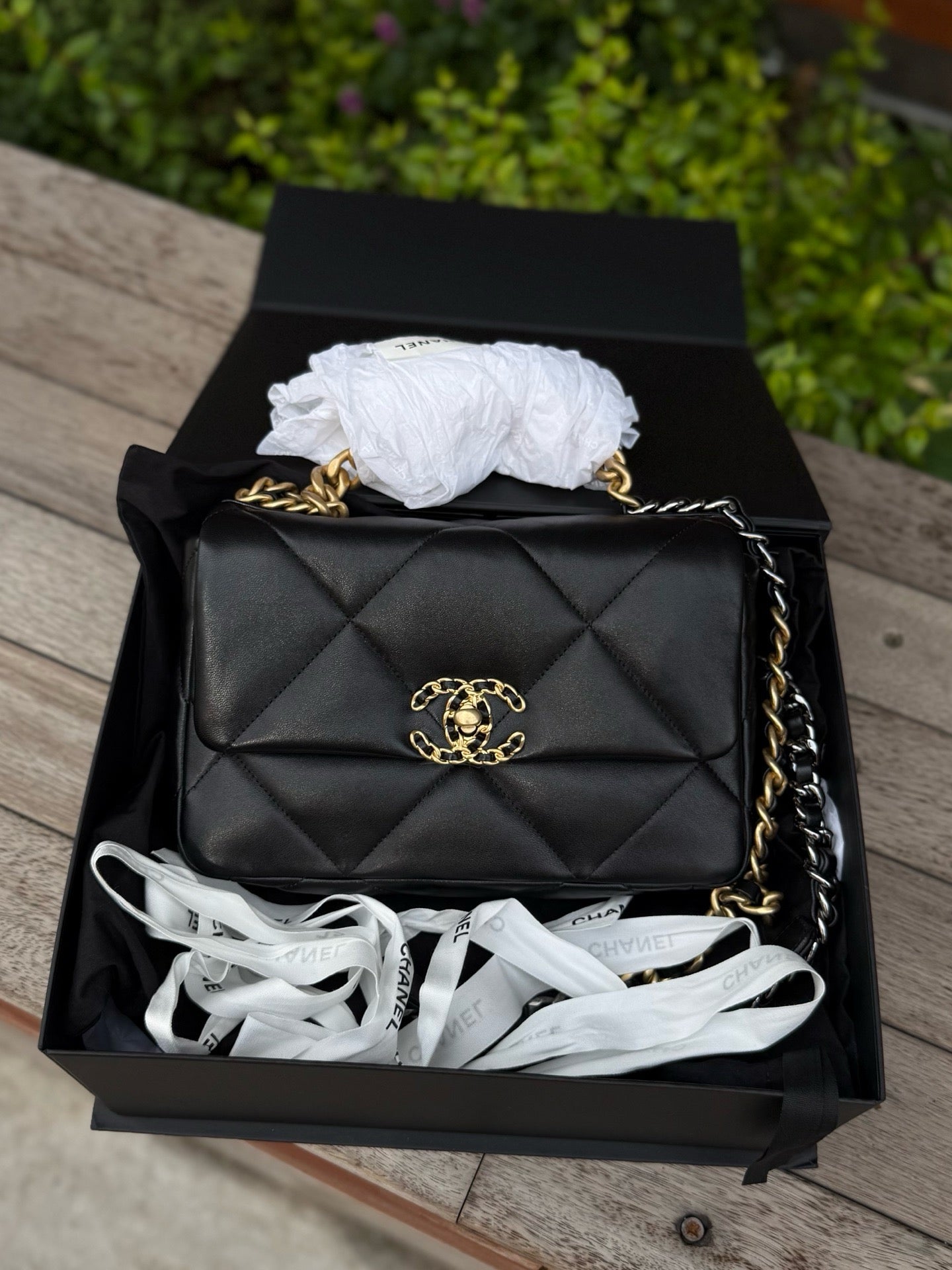 Pre-owned Certified Chanel Small 19Bag Black Lambskin Golden hardware, microchipped, w/ Full set - box, dust bag