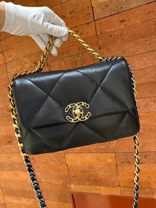 Pre-owned Certified Chanel Small 19Bag Black Lambskin Golden hardware, microchipped, w/ Full set - box, dust bag