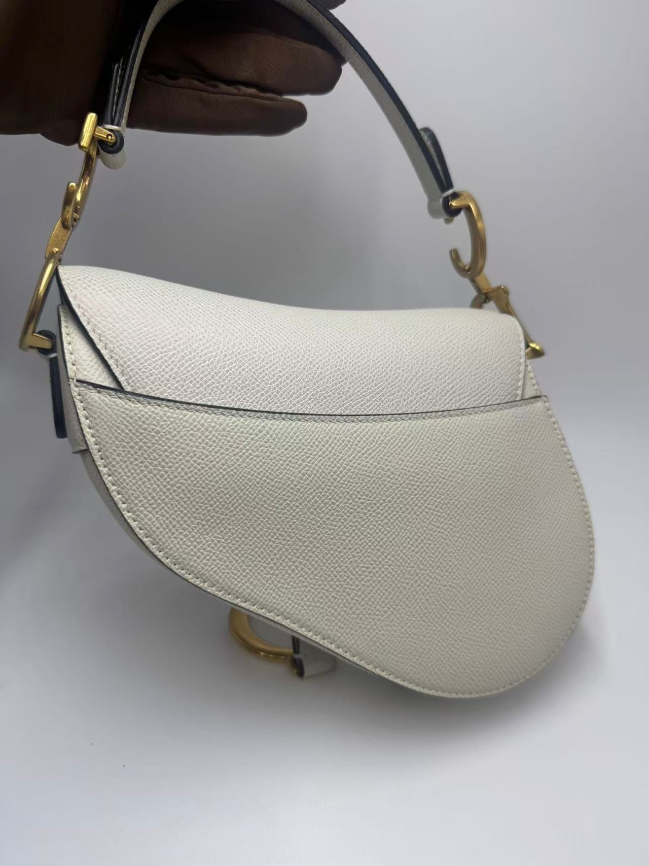 Pre-owned Certified Dior Mini Saddle White Grained Calfskin with Golden Hardware, New Model with Leather Strap, 2022, w/ full set
