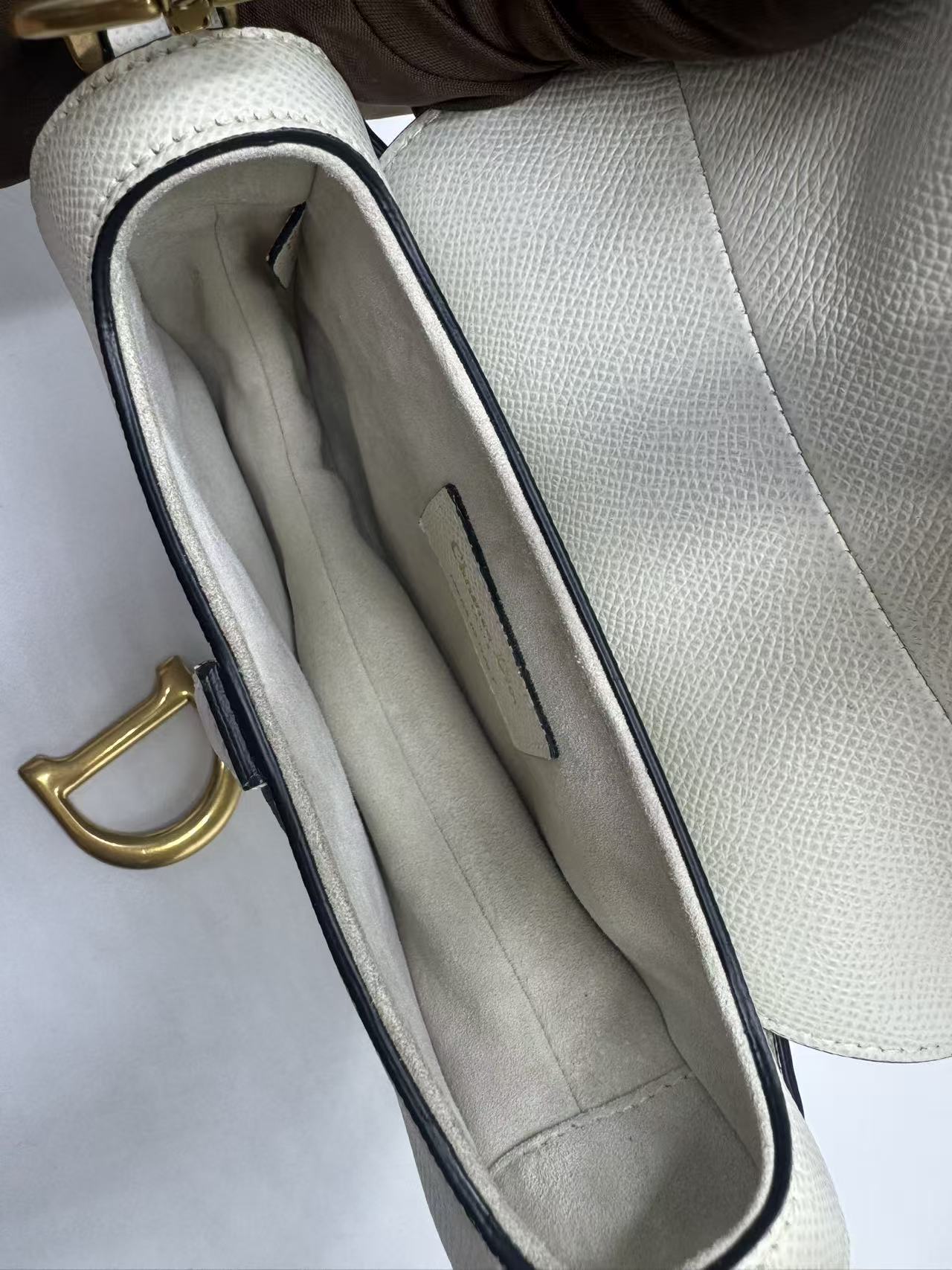 Pre-owned Certified Dior Mini Saddle White Grained Calfskin with Golden Hardware, New Model with Leather Strap, 2022, w/ full set