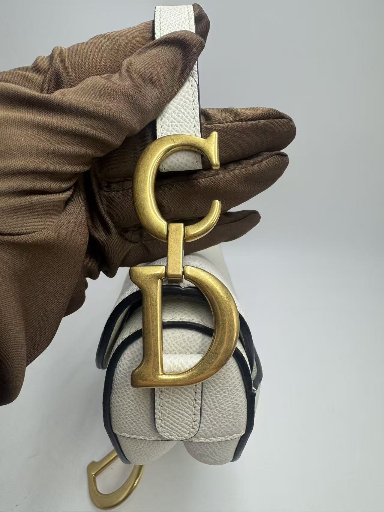 Pre-owned Certified Dior Mini Saddle White Grained Calfskin with Golden Hardware, New Model with Leather Strap, 2022, w/ full set