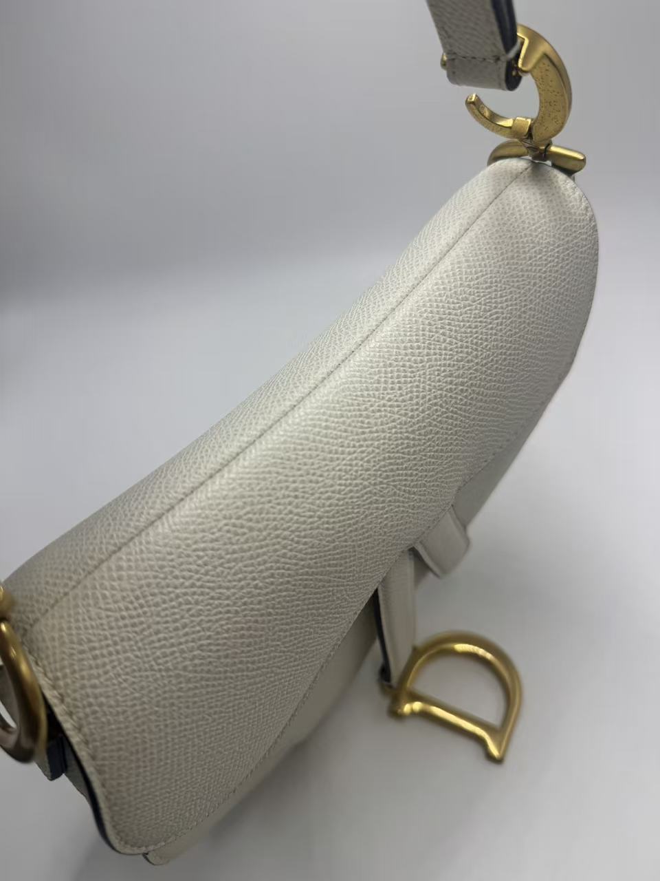 Pre-owned Certified Dior Mini Saddle White Grained Calfskin with Golden Hardware, New Model with Leather Strap, 2022, w/ full set