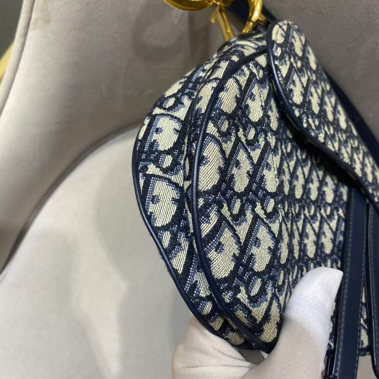 Pre-owned Certified Dior Saddle Bag Blue Oblique Canvas with Golden Hardware, w/ dust bag