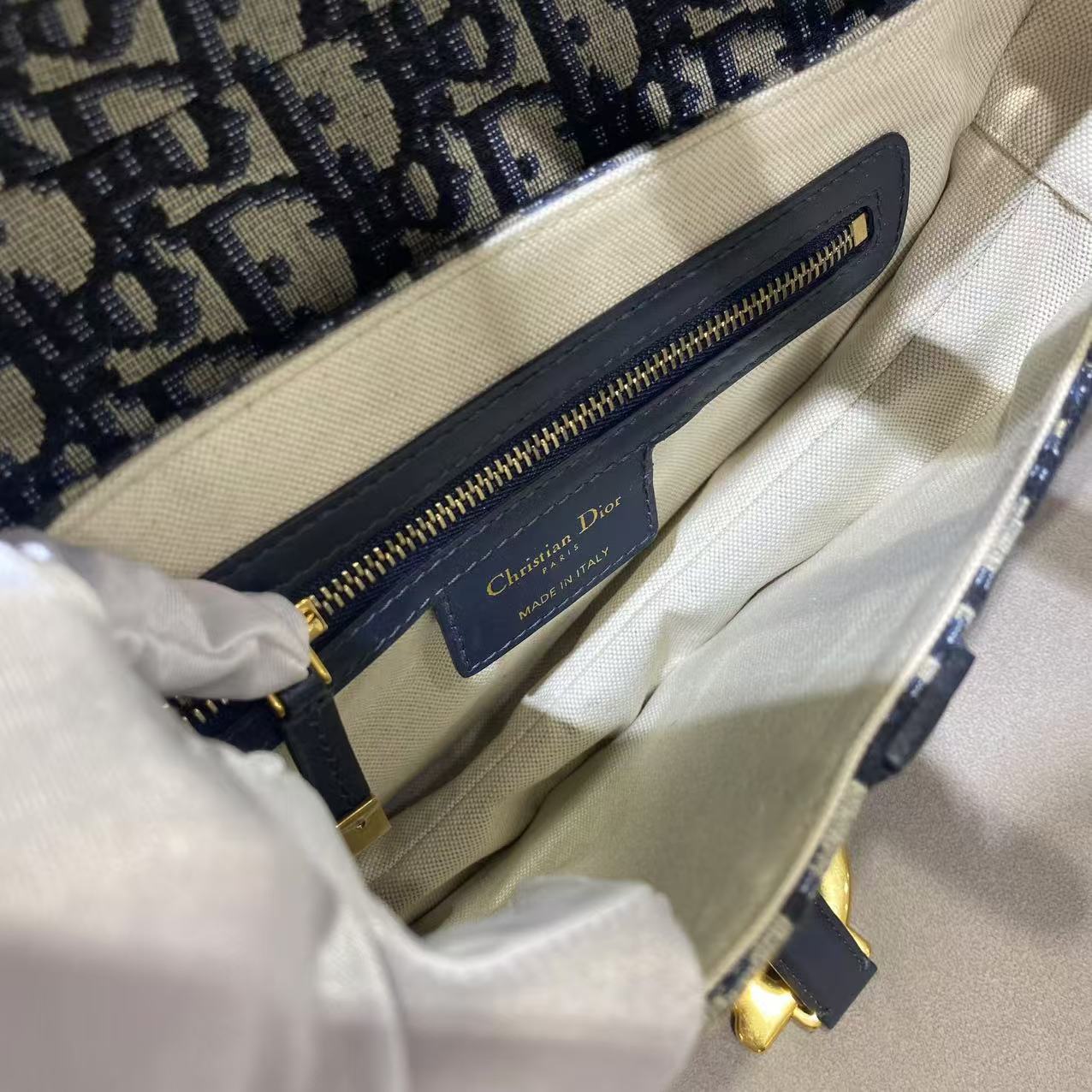 Pre-owned Certified Dior Saddle Bag Blue Oblique Canvas with Golden Hardware, w/ dust bag