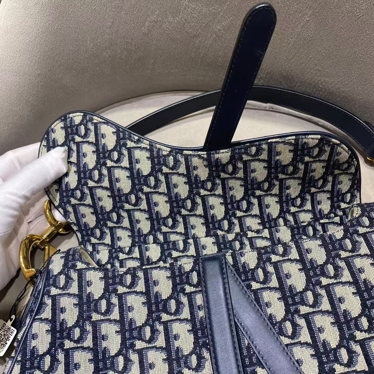Pre-owned Certified Dior Saddle Bag Blue Oblique Canvas with Golden Hardware, w/ dust bag