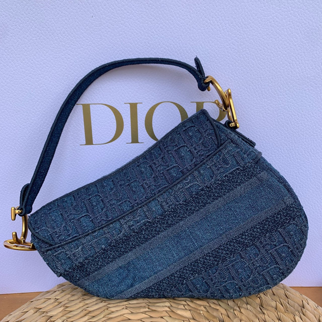 Pre-owned Certified Dior Saddle Bag Denim Oblique, 2019, w/ dust bag