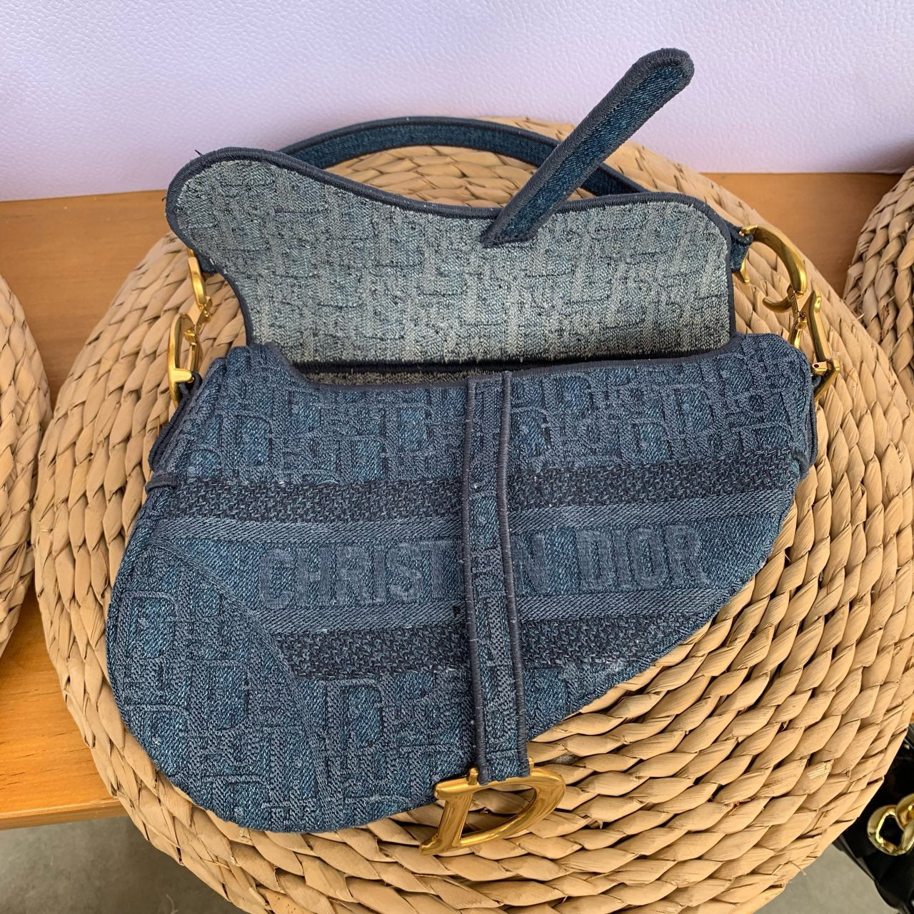 Pre-owned Certified Dior Saddle Bag Denim Oblique, 2019, w/ dust bag