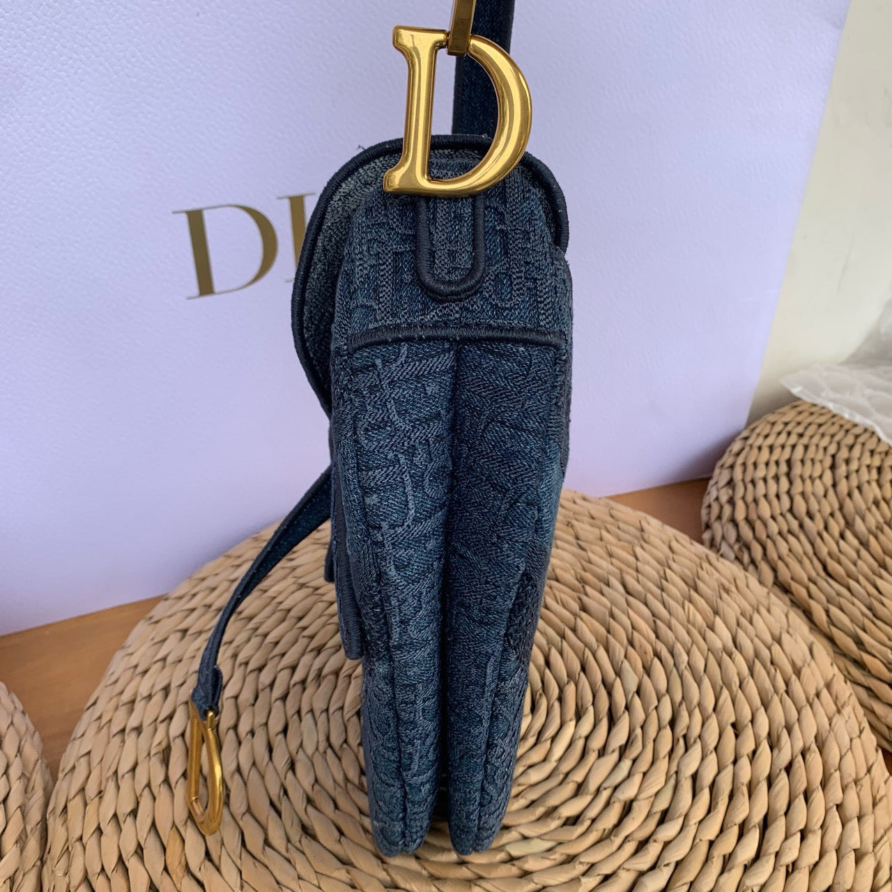 Pre-owned Certified Dior Saddle Bag Denim Oblique, 2019, w/ dust bag