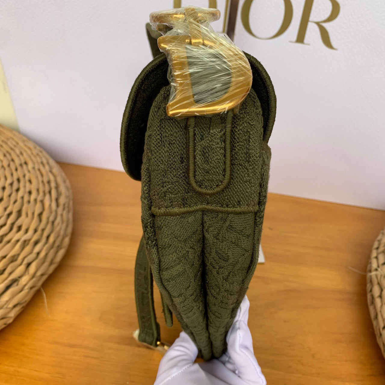 Pre-owned Certified Dior Saddle Medium Army Green Oblique Canvas, 2019, with Dust bag