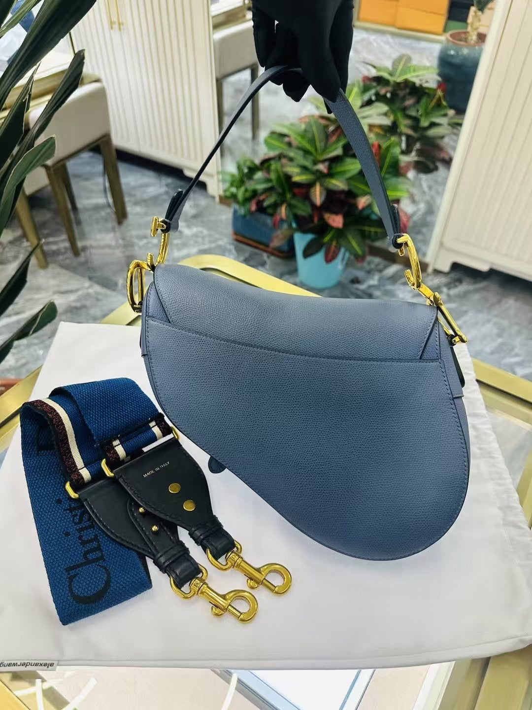Pre-owned Certified Dior Saddle Medium Sky Blue Grained Calfskin, 2019, w/ long strap and dust bag