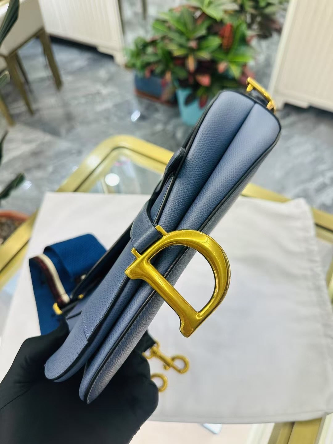 Pre-owned Certified Dior Saddle Medium Sky Blue Grained Calfskin, 2019, w/ long strap and dust bag