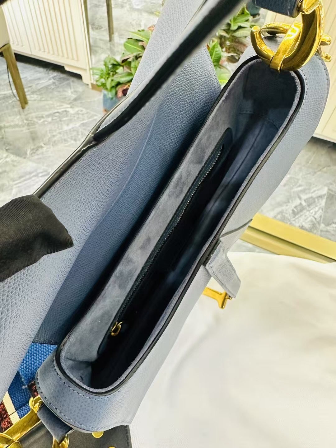 Pre-owned Certified Dior Saddle Medium Sky Blue Grained Calfskin, 2019, w/ long strap and dust bag