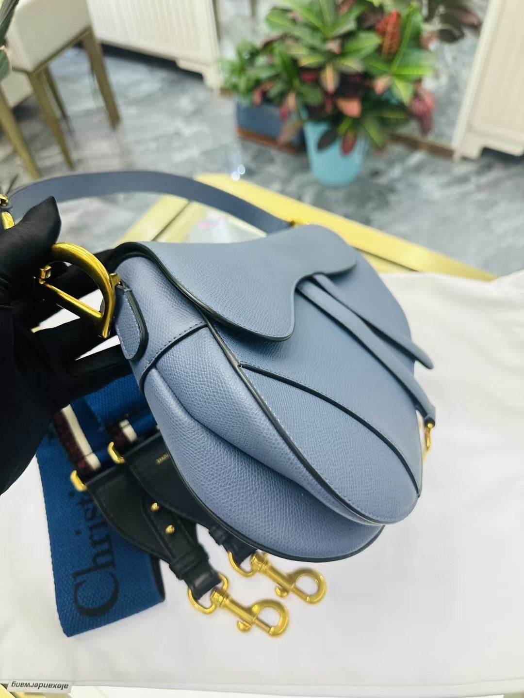 Pre-owned Certified Dior Saddle Medium Sky Blue Grained Calfskin, 2019, w/ long strap and dust bag