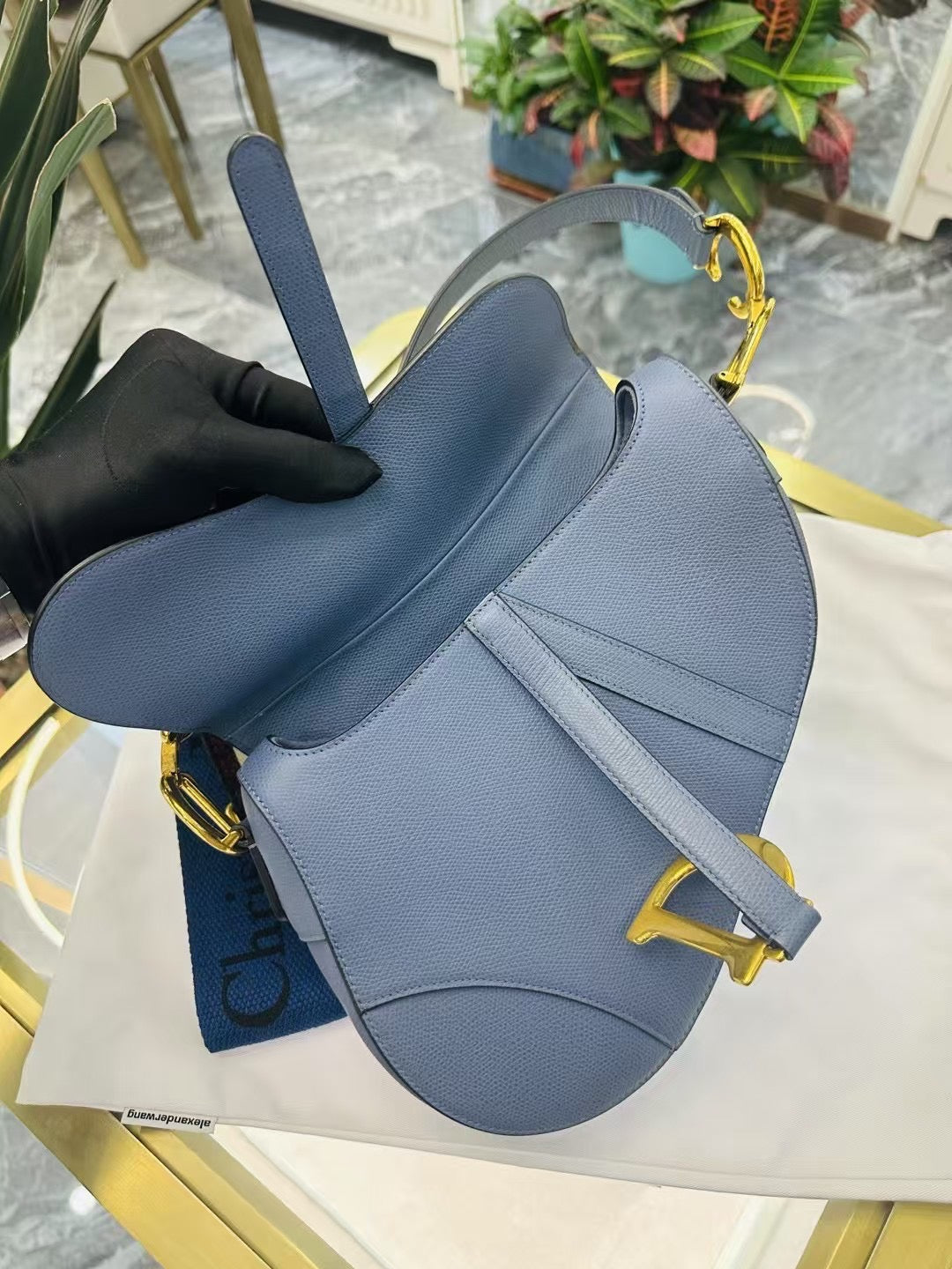Pre-owned Certified Dior Saddle Medium Sky Blue Grained Calfskin, 2019, w/ long strap and dust bag