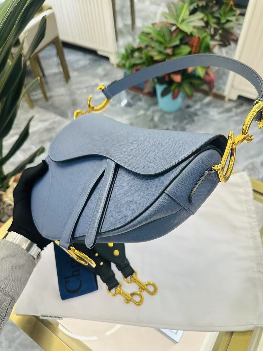 Pre-owned Certified Dior Saddle Medium Sky Blue Grained Calfskin, 2019, w/ long strap and dust bag