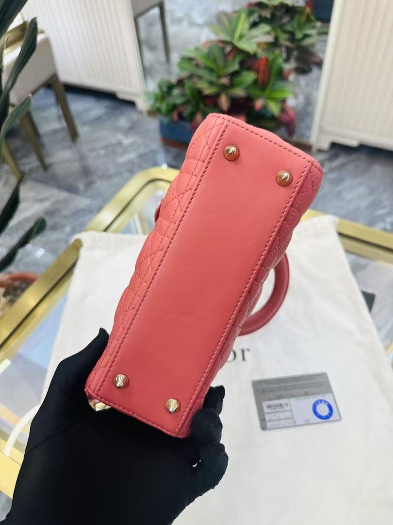 Pre-owned Certified Dior Small MyABC Lady Dior Coral Pink Lambskin Golden Hardware, 2020, w/ strap, Dior Card and dust bag