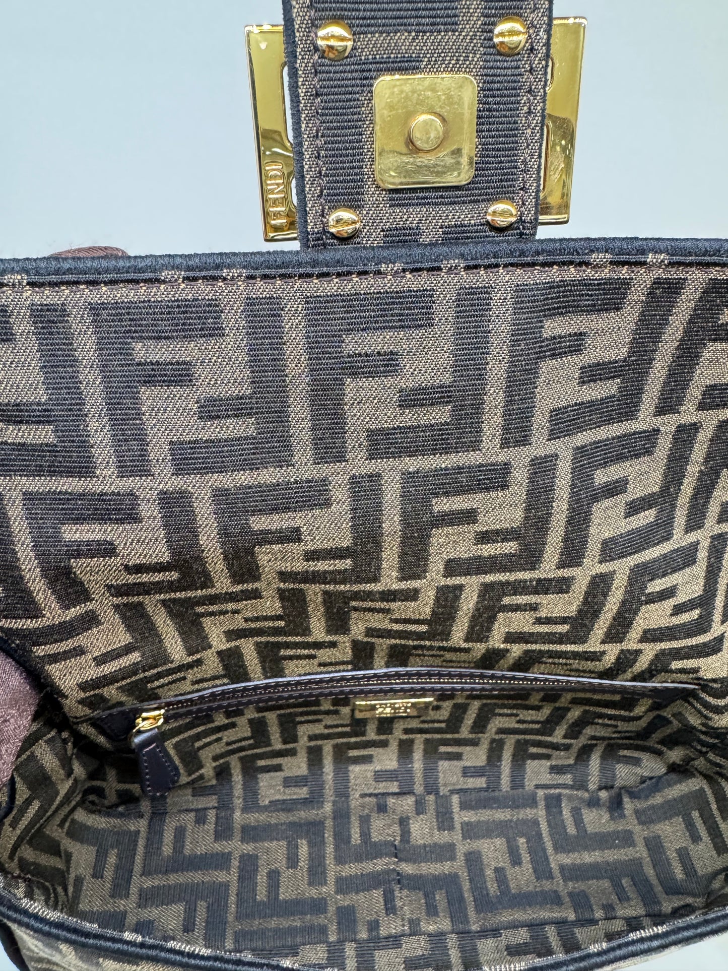 Pre-owned Certified Fendi Baguette Medium Zucca Monogram Canvas, w/ strap, top handle, dust bag