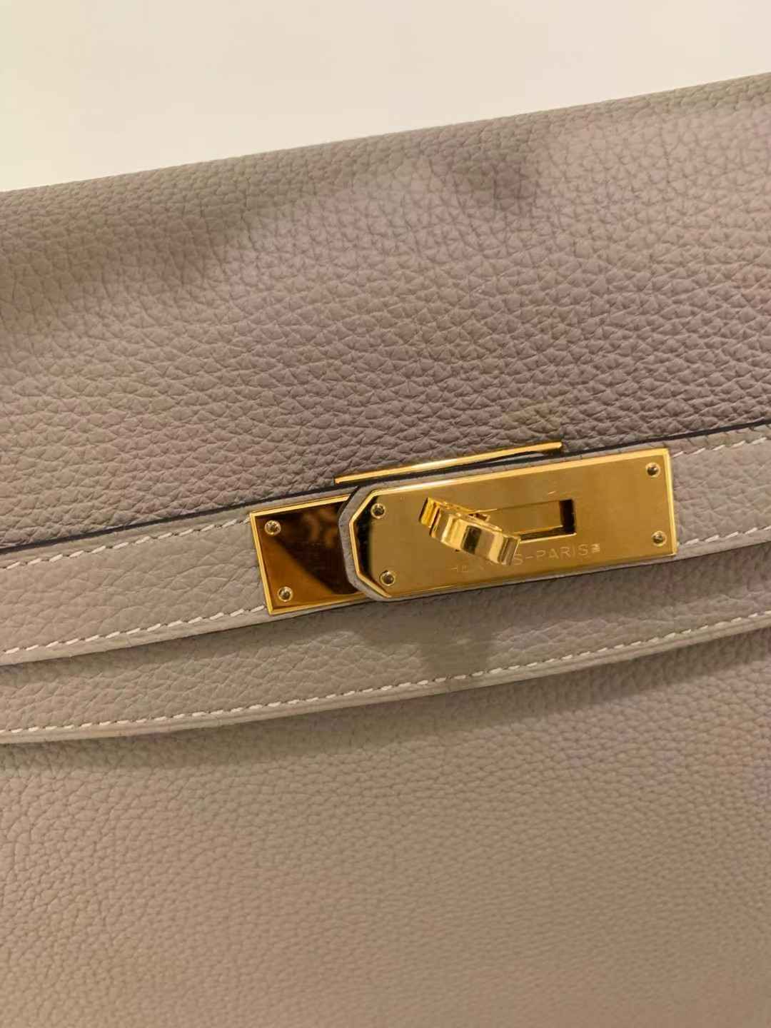 Pre-owned Certified Hermes Kelly 35 Retourne 81 Gris Tourterelle Togo with Golden Hardware, 2015 (T), w/ dust bag, lock&key, strap