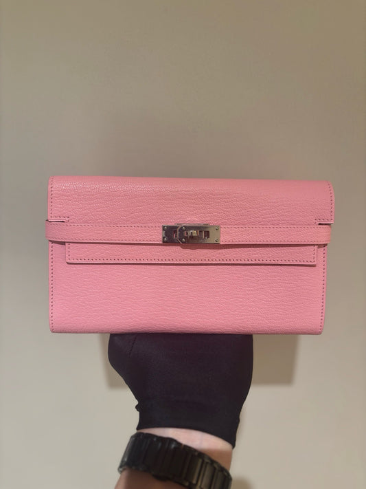 Pre-owned Certified Hermes Kelly Long Wallet Pink Chevre Silver Hardware, 2014