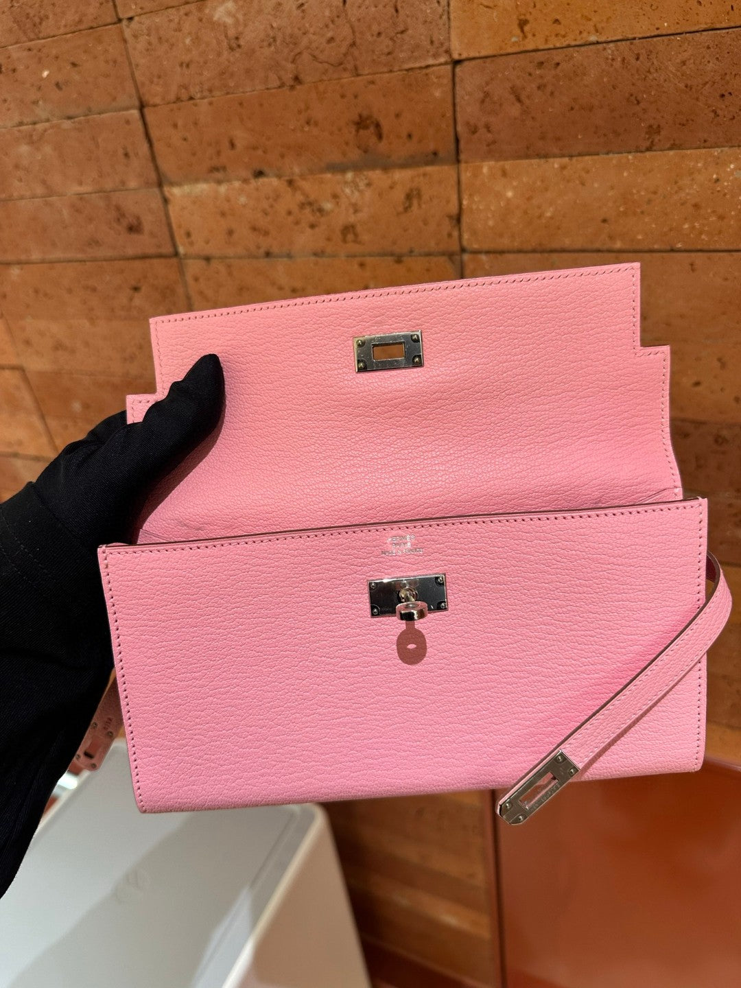 Pre-owned Certified Hermes Kelly Long Wallet Pink Chevre Silver Hardware, 2014