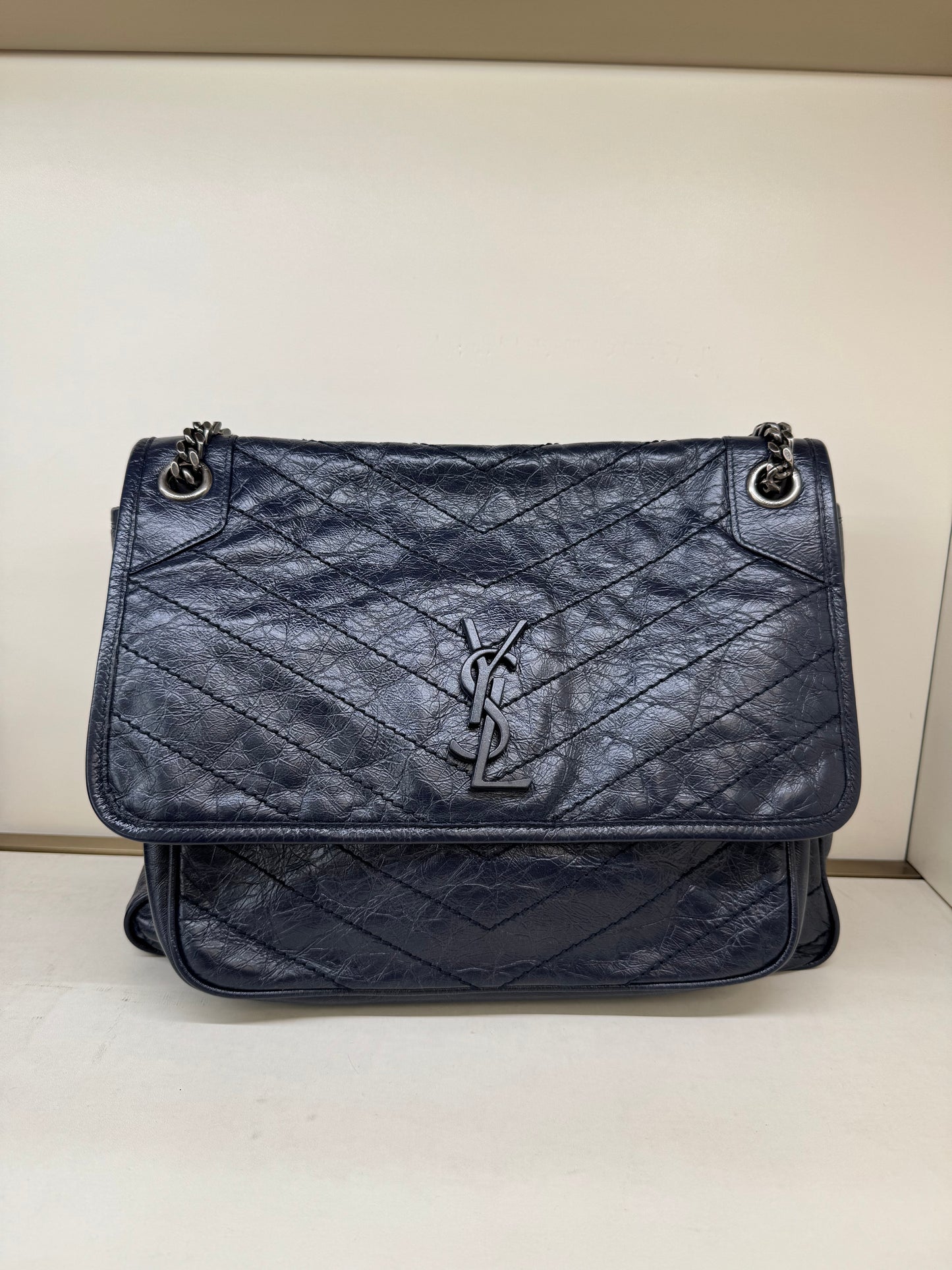 Pre-owned Certified Saint Laurent Large Niki Vintage Calfskin Navy Blue with Dark Silver Hardware, 2018, w/ dust bag