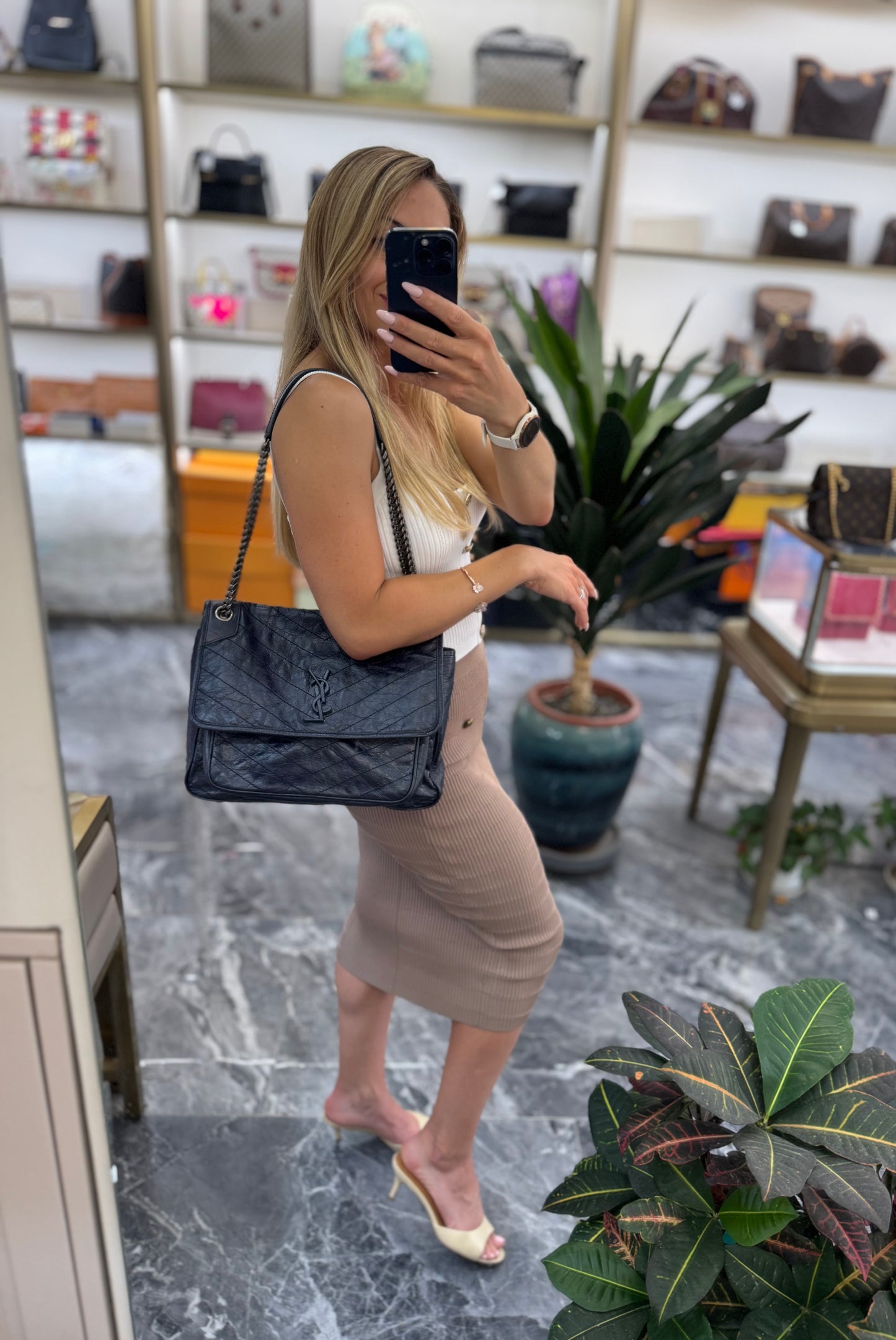 Pre-owned Certified Saint Laurent Large Niki Vintage Calfskin Navy Blue with Dark Silver Hardware, 2018, w/ dust bag