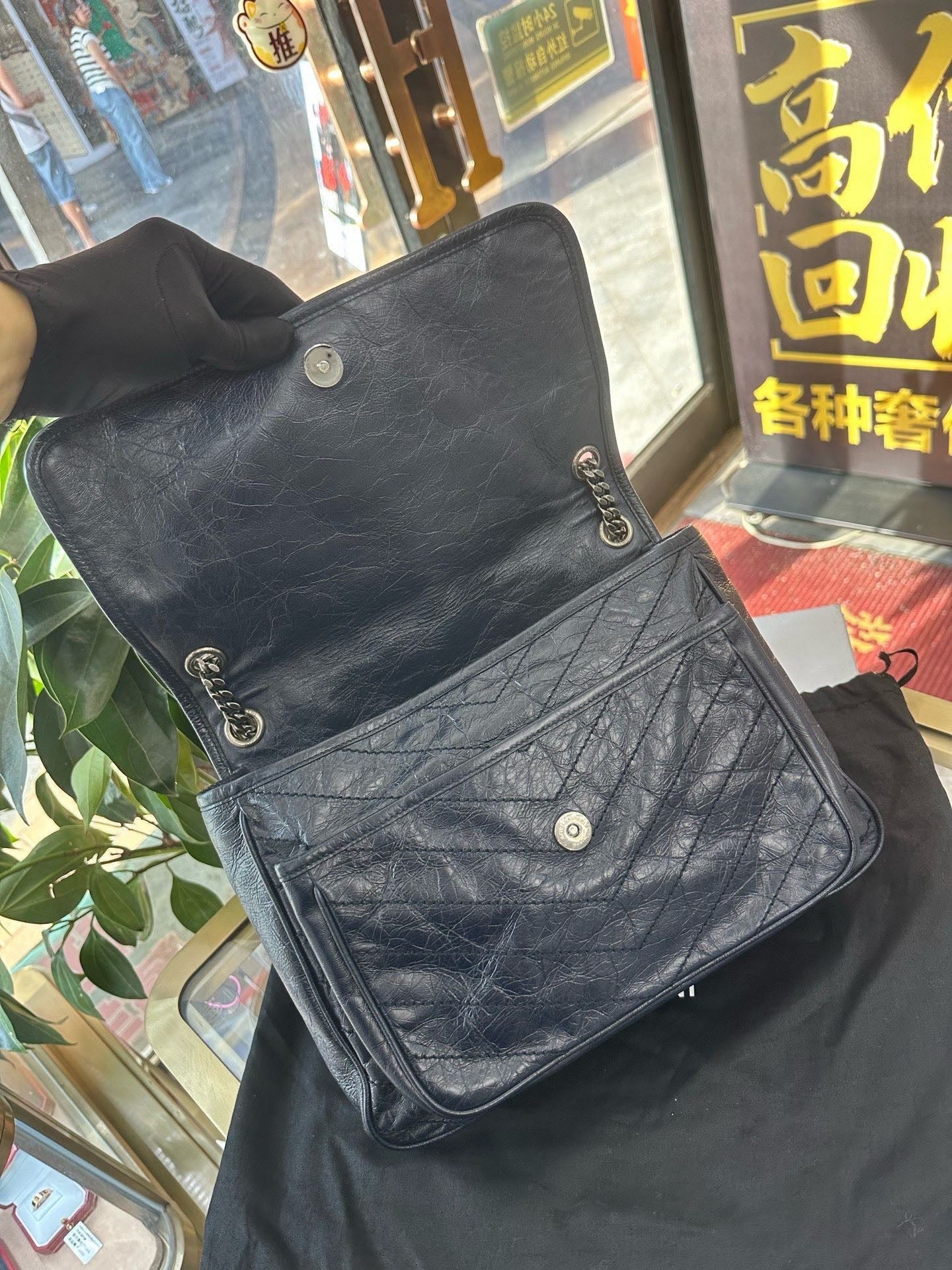 Pre-owned Certified Saint Laurent Large Niki Vintage Calfskin Navy Blue with Dark Silver Hardware, 2018, w/ dust bag